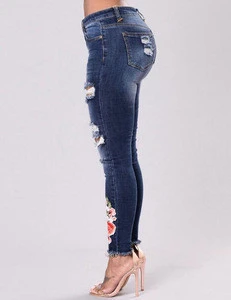 Latest Design Plus Size Skinny Tight Flower Zipper Pockets Pants Jeans Women