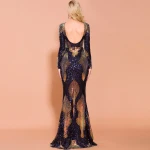 Luxury Elegent Blue Long Sleeve Backless Sequin Slim Fitted Tail Cocktail Formal Wedding Party Golden Gala Evening Dresses