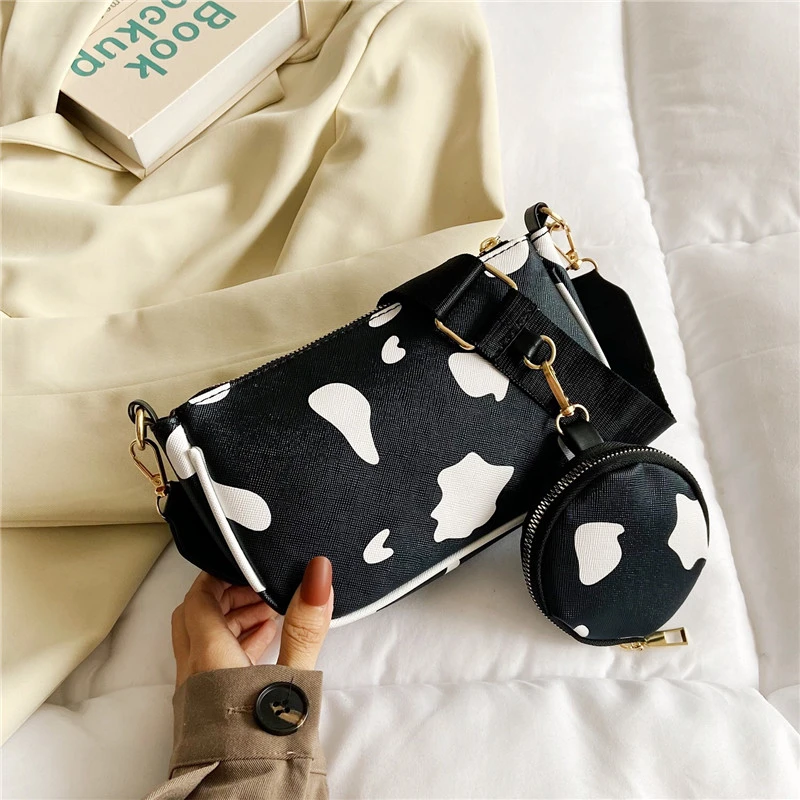Manufacturers Wholesale Cows Black And White Pattern Leather Purse Shoulder Bags Women Handbag With Mini Coin Purse Set