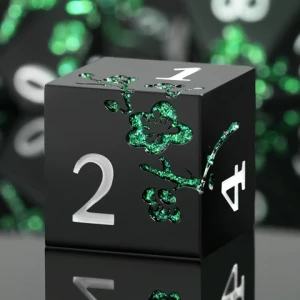 Matte Black with Glitter Green Flower DND Metal Dice Metallic DND Dice Set with Case Dungeons and Dragon dice for Tabletop Game