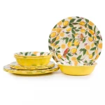 Melamine Dishes Set - Everyday Use 12pcs Dinnerware Set of 4 ,tableware plates and bowls set  Dishwasher safe, lemon Pattern
