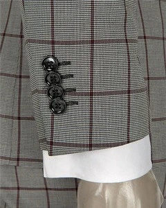 Men Double Breasted Plaid Grey Suit