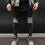 Mens Stretchy Ripped Skinny Biker Jeans Taped Slim Fit Denim Pantsmotorcycles wrinkles Bermuda pants Knee Hole Jeans Patch