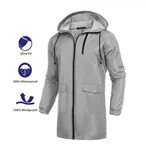 Mens Waterproof Hooded Rain Jacket Lightweight Windproof Active Outdoor Long Raincoat