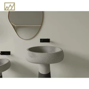 Minimalist Gray Key-Shaped Terrazzo Pedestal Basin - Sculptural Bathroom Vanity Countertop