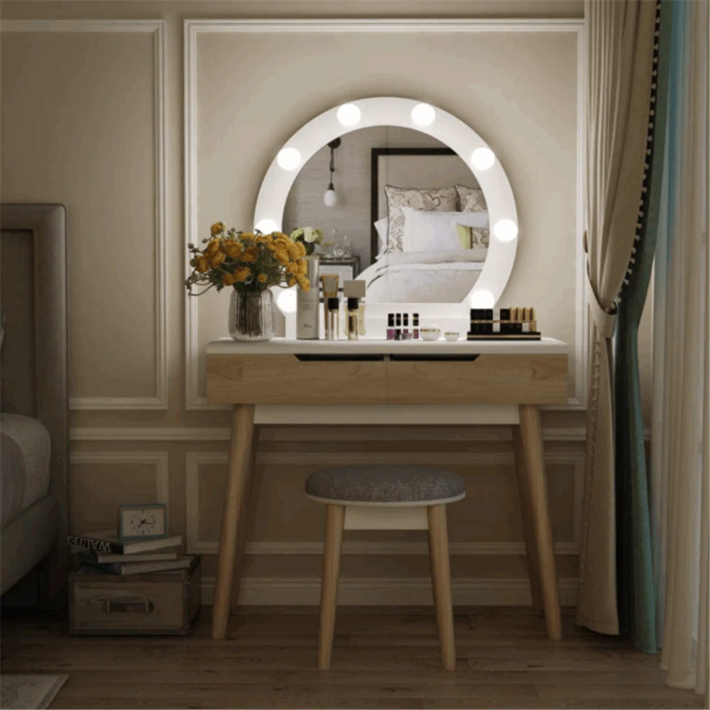Minimalist style white elegant artfully processed wood makeup vanity dressing table best selling dresser with mirror and lights