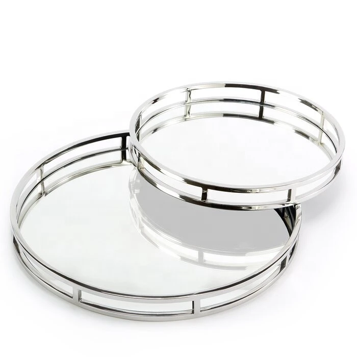 Modern Design Round Mirrored Metal Glass Vanity Serving Tray