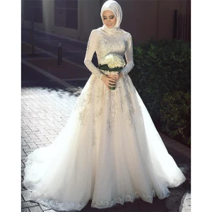 Modest custom white arab lace decals muslim bridal gown long sleeve muslim hijab wedding dress