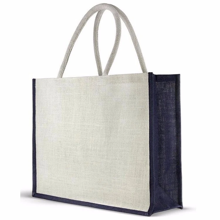 Natural reusable jute burlap tote bag with cotton rope handle