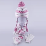 New design jacquard knitted Ear muff hat  Children's hat scarf glove set warm beanie scarf