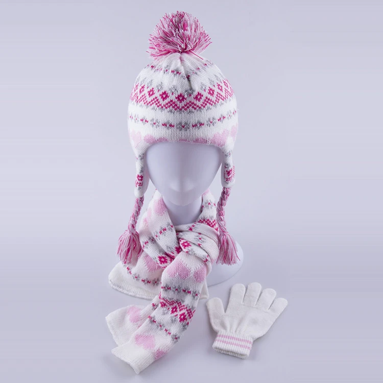 New design jacquard knitted Ear muff hat  Children&#x27;s hat scarf glove set warm beanie scarf