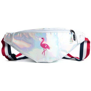 New Design Waterproof Laser Pocket Funny Pack Chest Bag, Custom Girl Flamingo Embroidery Shiny Leather Bum Waist Bag For Women