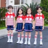 New red and blue Polo collar, short sleeve and blue skirt School Uniform suit for summer. Customizable