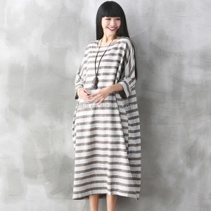 New retro striped robe cotton &amp; linen loose and comfortable style medium sleeve long women casual dresses