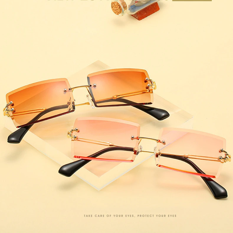 New Trendy Small Size Rectangle Frameless Sun Glasses Hot Sale Women Men Rimless Ocean Lens Metal Sunglasses