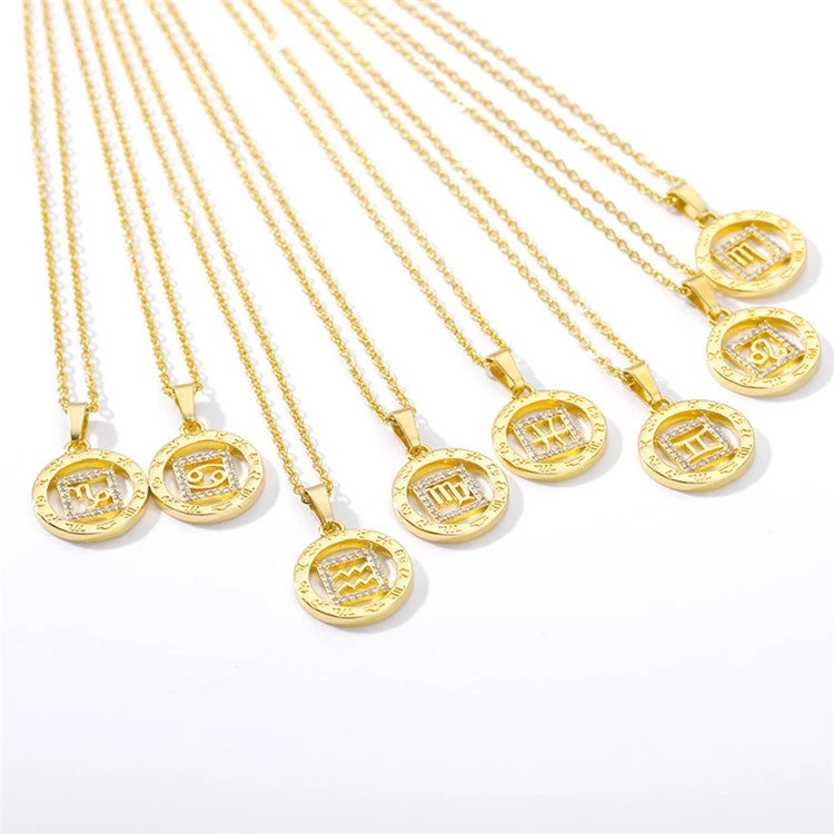 New Twelve Constellation Copper Zircon Necklace Stainless Steel Chain 18K Gold-Plated Jewelry Necklace
