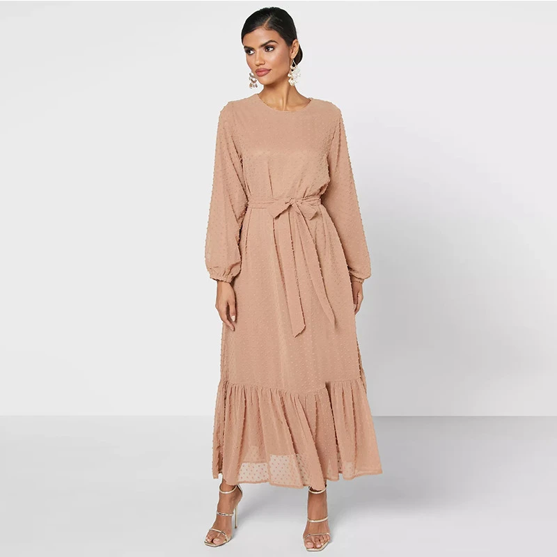 Oem Custom Islamic Dubai High Fashion Plus Size O Neck Long Sleeves Polka Dot Chiffon Abaya Dress For Muslim Women