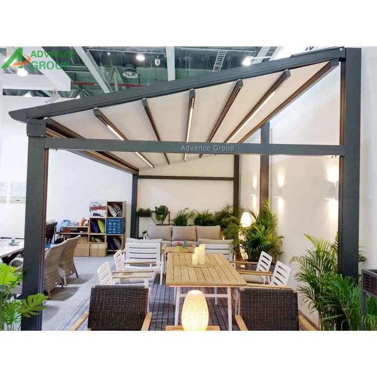 Outdoor Party Electric Retractable Roof Awning with Led Lights and Roller Blinds