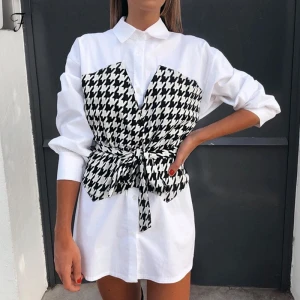 Patchwork Blouses Shirts Mini A Line Dress Houndstooth Patchwork Long Sleeve Sashes Bandage Shirt Dresses Casual Dresses