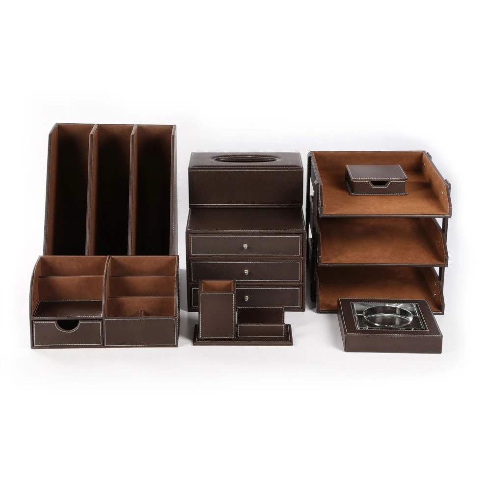 personalised office luxury desktop pu faux leather stationery organizer organiser storage set