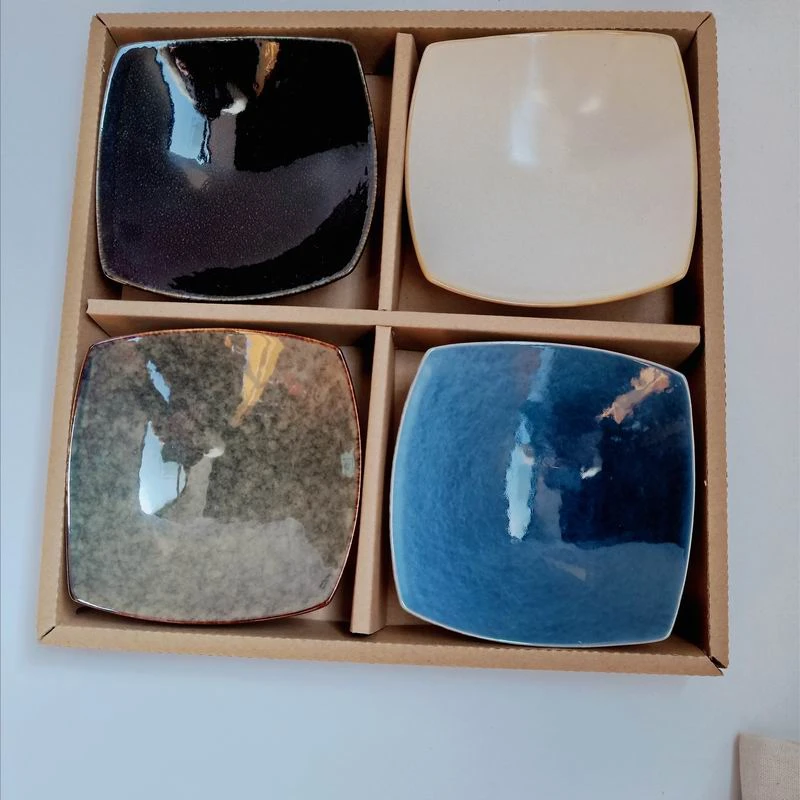 Porcelain ceramic stoneware tableware square reaction glazed soy sauce  dish packed in display box