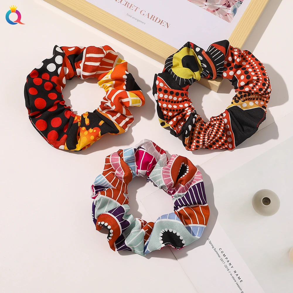 Qiyue 2021 New Arrival Creative Ethnic Hair Accessories Ties Satin Red Color Hair Scrunchies for Women Girl