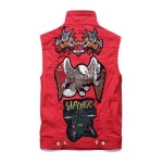 Red high quality mens embroidery denim waistcoat ripped vest wholesale weskit for boys