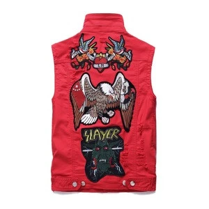 Red high quality mens embroidery denim waistcoat ripped vest wholesale weskit for boys