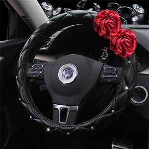 Red Rose Flower Car Seat Interior Accessories Steering Wheel Cover Auto Crystal Handbrake Shifter Cover Seat Belt Cover Women