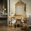 Rococo Carved Wood Dressing Table, French Style Louis XV Wooden and Velvet Dresser with Mirror and Stool for Bedroom