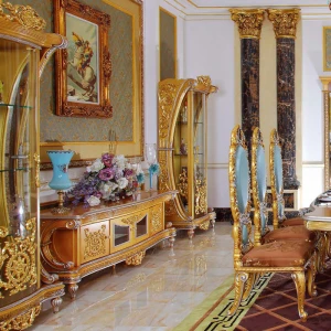 Royal dining room furniture set European style french antique dining table  solid wood cabinet golden whole house furniture