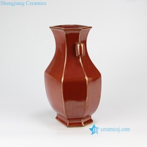 RYPM54    Rust red color six sides ceramic China traditional vase with two ears