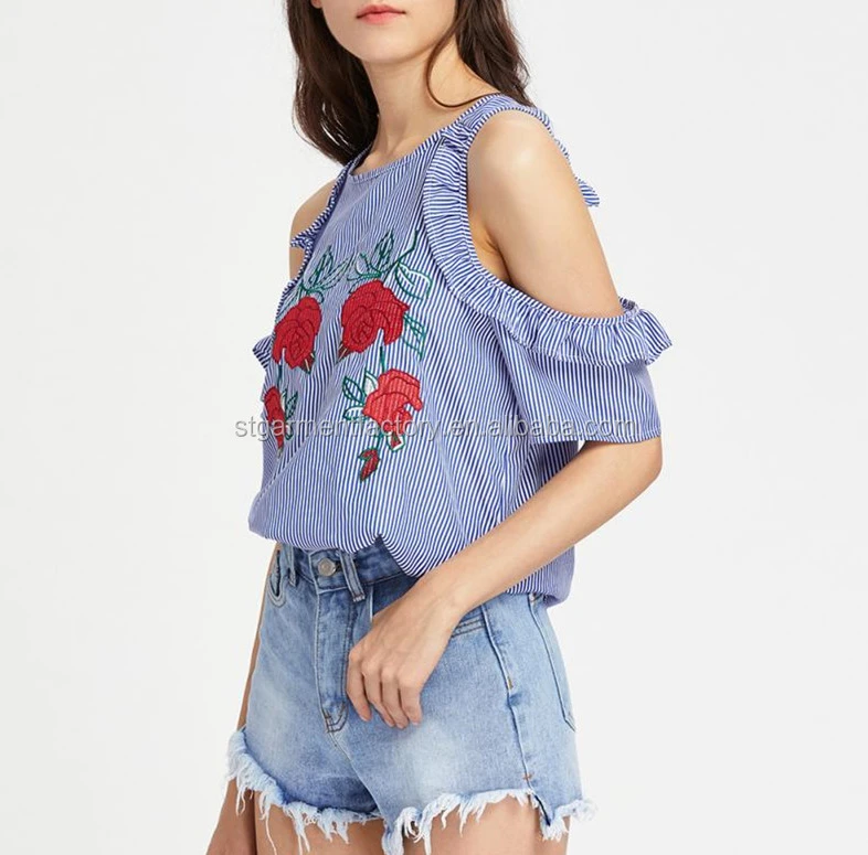 Sexy Cold Shoulder Blue Stripe Blouse Hot Sale Rose Embroidery Women Ruffles Tops New Style Clothing Ladies Shirt STb-0687