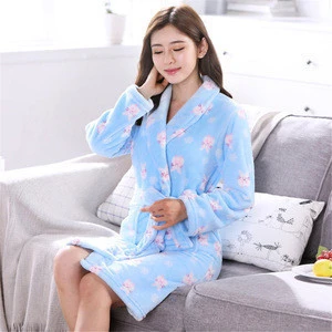 Sexy Home Wearing Flannel Winter Printed Thick Warm Cotton Flannel Pajamas Nightgown