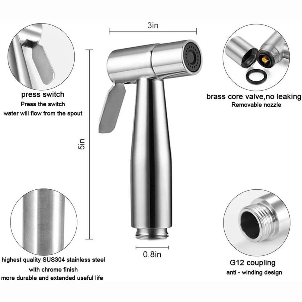Shattaf Bidet Sprayer Toilet Set Stainless Steel with High Pressure Spring Pu Flexible Hose