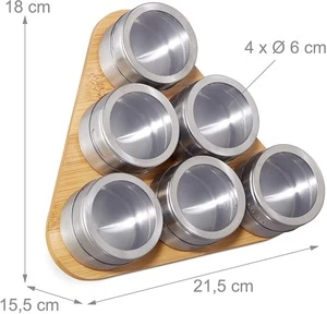 Spice Rack, 6 Stainless Steel Containers, Magnetic Jars, Bamboo Support, Free Standing, Natural, 1 Item, Silver