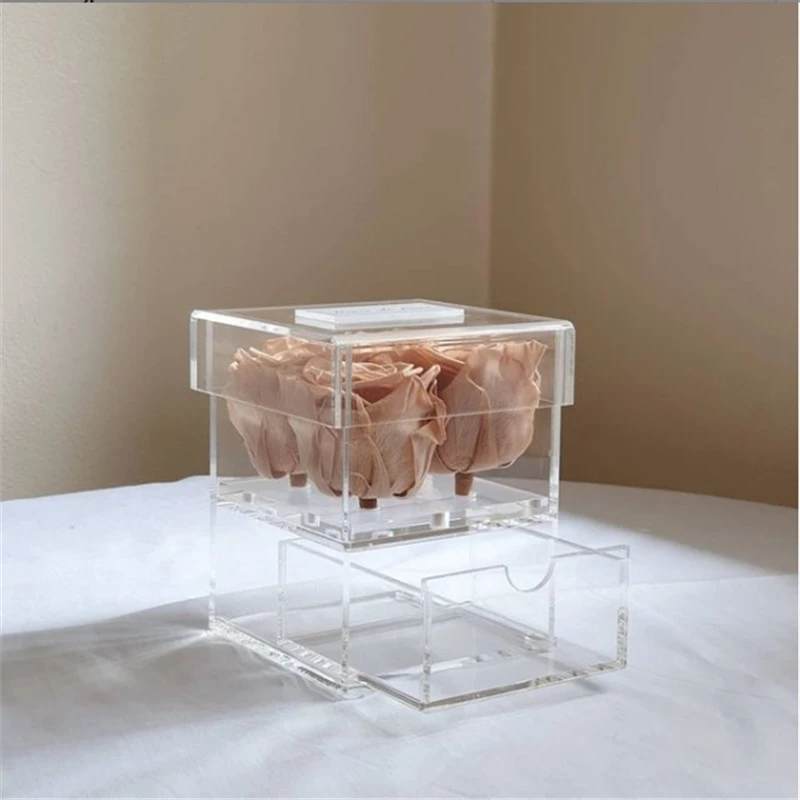 Square shaped clear custom PMMA gift case acrylic rose flower box with drawer