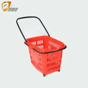 Supermarket wholesale plastic wheel shopping basket with 2 handles