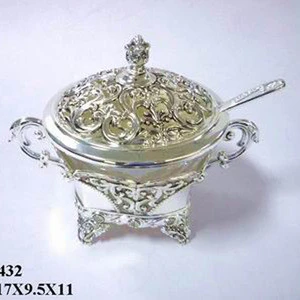 Tree vine flower design silver plated  square sugar pot with cover and spoon