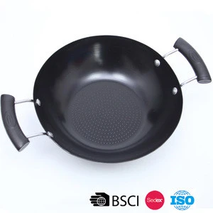 Two Handles Household Cooking Kitchenware Carbon Steel Wok With Holder