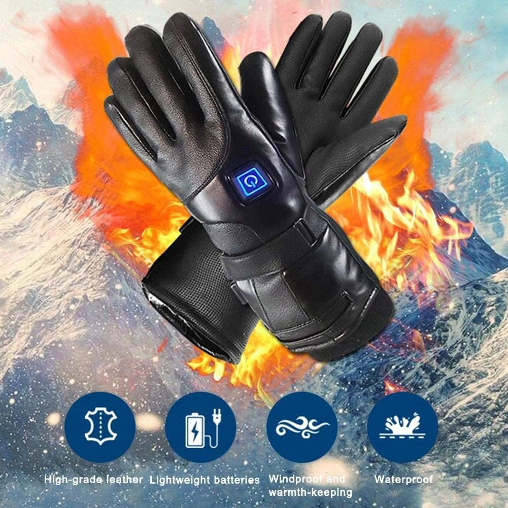 Unisex Winter Outdoor Sports Warm Leather Gloves Rechargeable Heated Gloves
