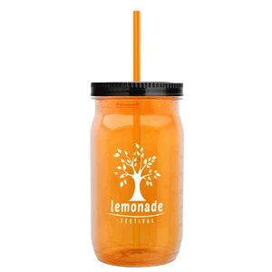 USA Made 27 oz Tritan Mason Jar With Screw-On Lid and Straw - measurements molded into side of jar and comes with your logo