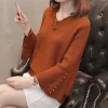 V neck flare sleeve pearl beading office lady custom fit  woman sweater