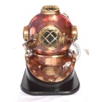 Vintage Look Antique Copper and Brass Diving Helmet Mark V with Wooden Base Collectible Nautical Marine Decor Gift