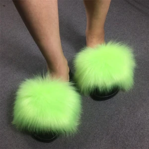 Wholesale Cheap Price Top Quality Colorful Furry Fake Fox Fur Slipper Custom Update  Faux Raccoon Fur Slippers For Women