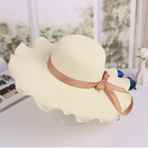 Wholesale Custom Summer Chinese Promotional Ladies Womens Sun Beach Paper Wide Brim Ribbon Bow Straw Hat