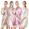 Women satin plain short silk kimono bride lace trim robe bathrobe gift night dress sleepwear