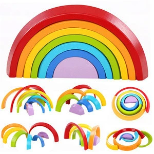 Wooden Rainbow Stacking Game Learning Toy Geometry Building Blocks Educational Toys