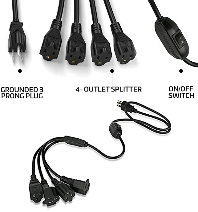 Y splitter  Power Cords 1 to 4  Extension cord Nema 5-15P US Cord