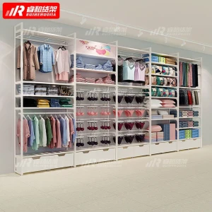 White color women clothing display shelves metal hanging wall racks from guangzhou